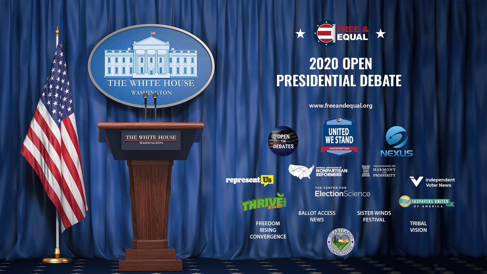 Free and Equal Elections' Open Presidential Debate Design + Sponsors v2 1920x1080px
